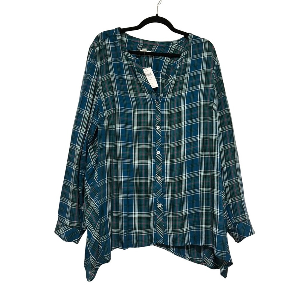 J Jill sz XL green/blue plaid button down collared blouse new w/ tags MM
